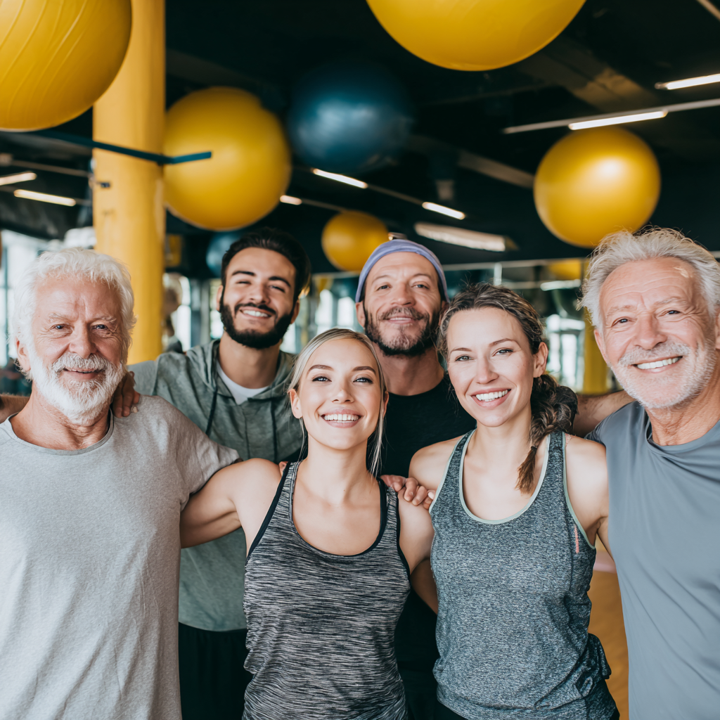 Mature Ukrainian adults engaging in mindful fitness activities in a well-lit gym environment