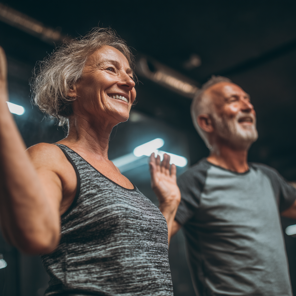 Diverse group of Ukrainian adults of different ages celebrating their fitness achievements together in a bright, modern fitness environment